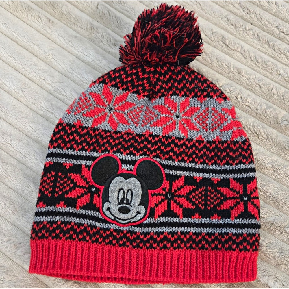 Disney Mickey Mouse Fair Isle Knit Pom Beanie Hat Red Black Snowflake OSFM